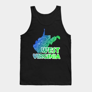 Colorful mandala art map of West Virginia with text in blue and green Tank Top